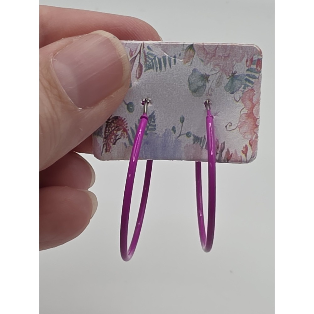 Thin Fuchsia Enamel Silver Tone Metal Hoop Pierced Earrings
